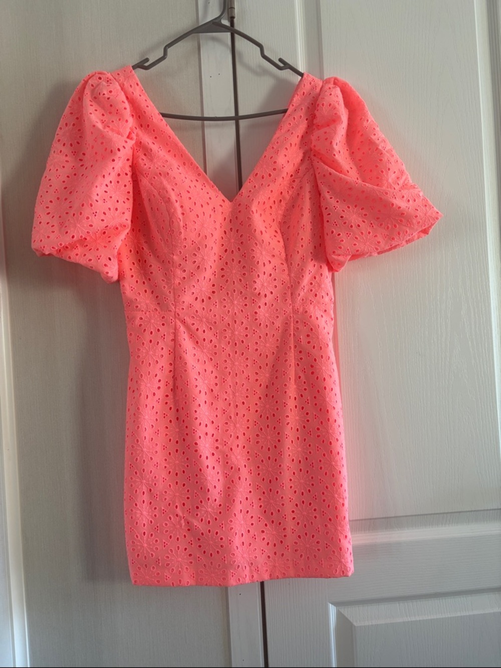 Pink Eyelet Puff-Sleeve Mini Dress